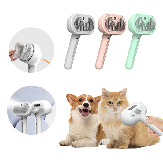 Pet grooming tool with different color options and a dog and cat sitting together.